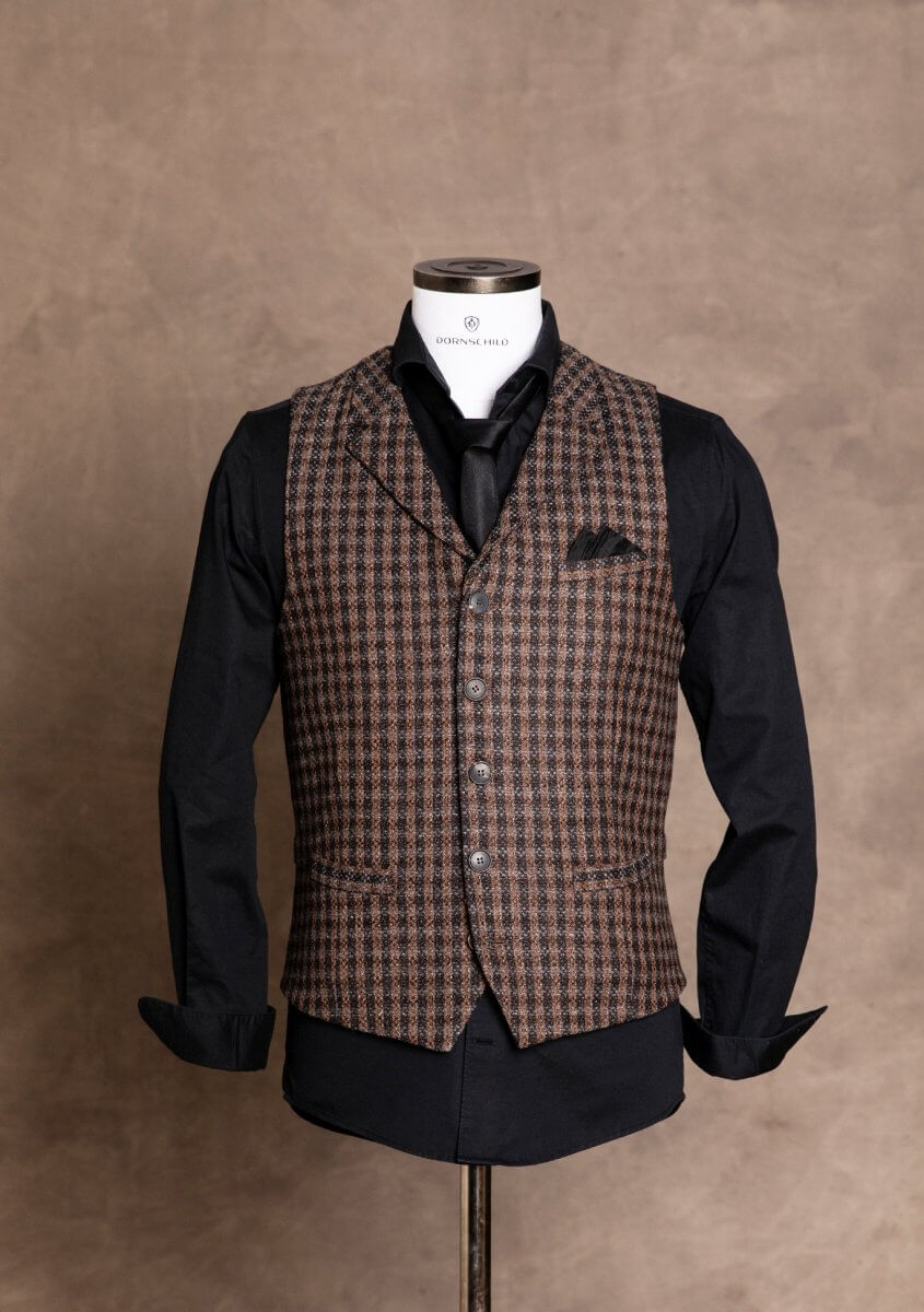 Stylish, elegant and smart premium men's vest gilet from DORNSCHILD with collar brown anthracite striped with subtle silver-gray stripes .