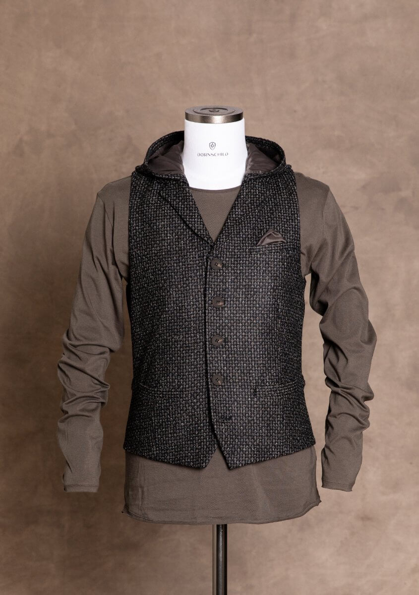 Sporty chic and fashionable premium men's vest from DORNSCHILD with removable hood Black Gray patterned for a casual and stylish appearance.
