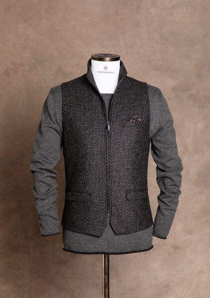 Fashionable, chic and casual men's vest gilet from DORNSCHILD with zipper black gray patterned made of the finest Italian fabric. Premium quality and handmade in Europe.