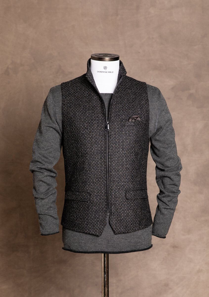 Fashionable, chic and casual men's vest gilet from DORNSCHILD with zipper black gray patterned made of the finest Italian fabric. Premium quality and handmade in Europe.