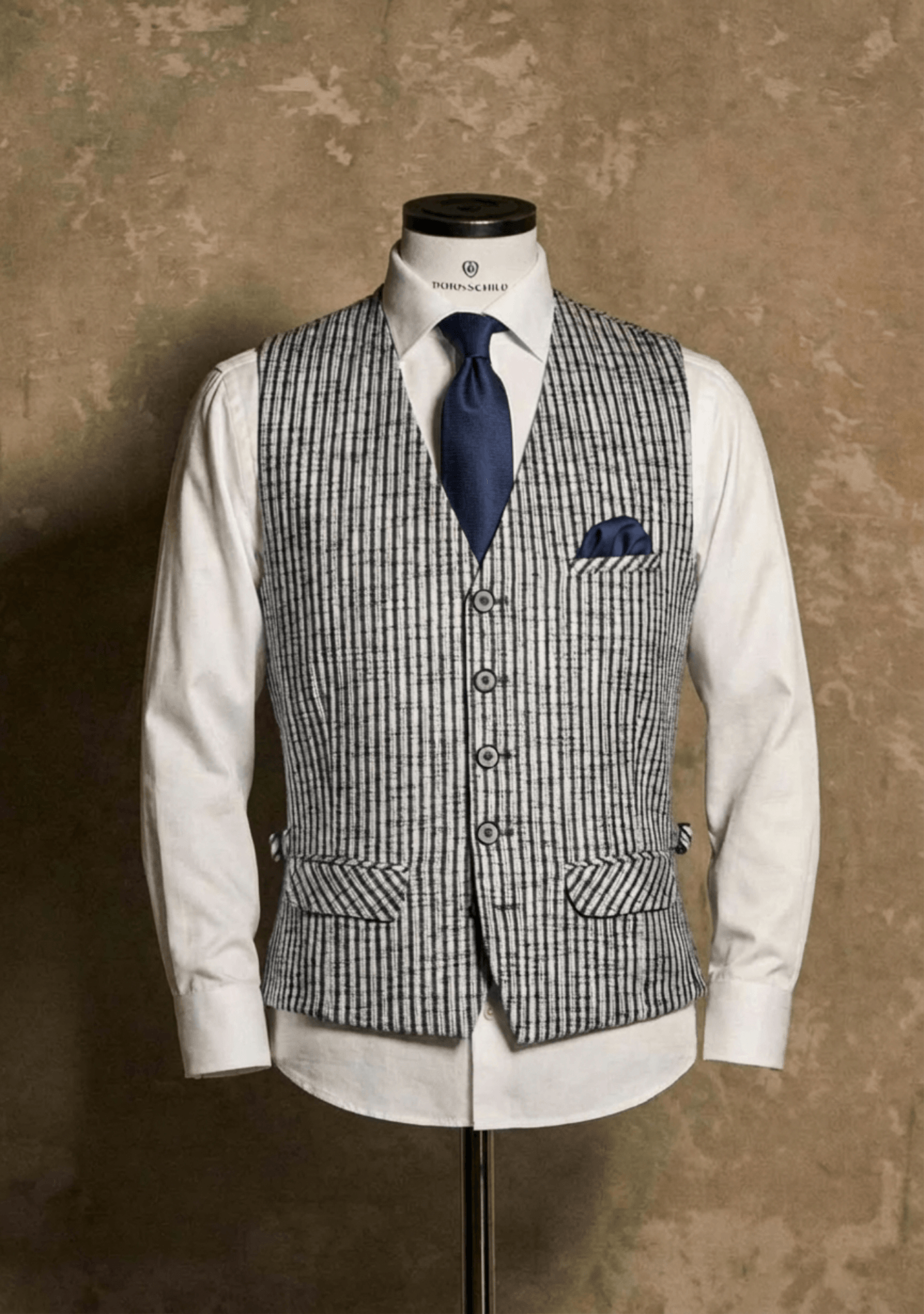 White and blue striped DORNSCHILD vest (waistcoat) FS26 W1-1 styled as a wedding vest with white shirt, blue tie and pocket square